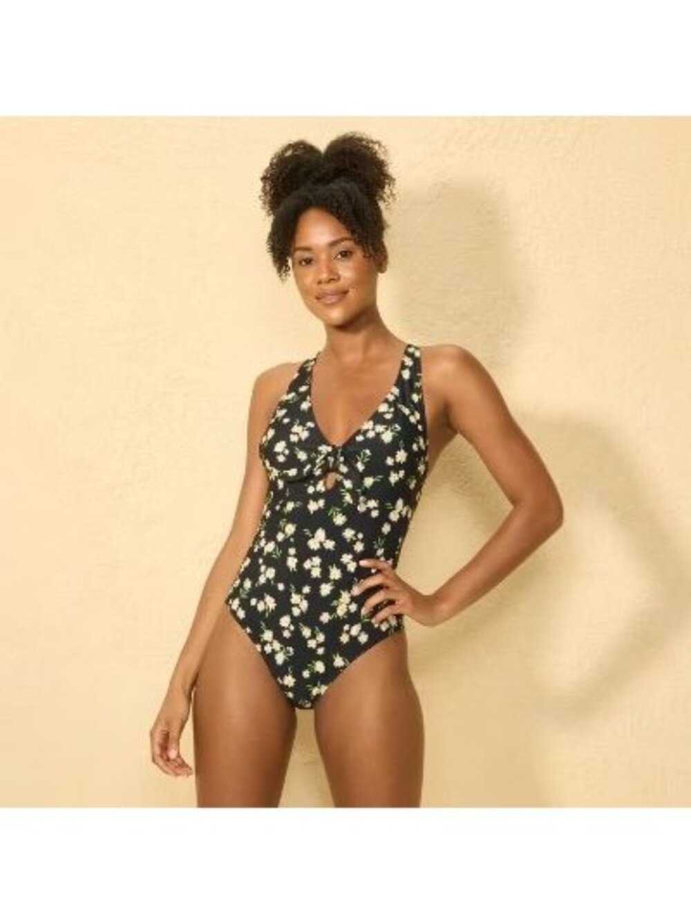 NEW Shade & Shore Tie-Front Keyhole High Leg One Piece Swimsuit - Black